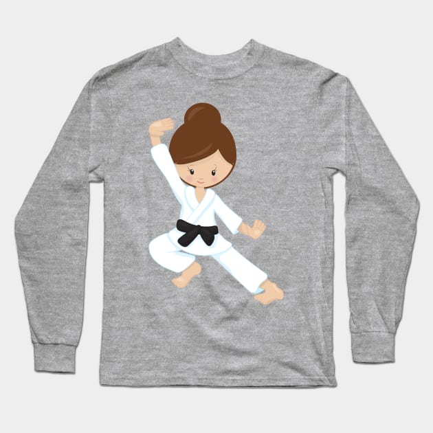 Karate Girl, Cute Girl, Black Belt, Brown Hair Long Sleeve T-Shirt by Jelena Dunčević